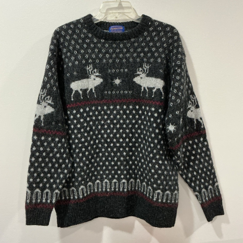 Vintage Pendleton Wool Sweater Mens XL Grey Snowflake Deer Nordic Knit Pullover‎